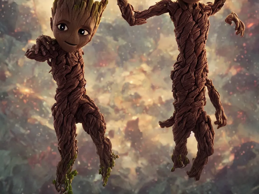 Image similar to baby groot from guardians of the galaxy!, cinematic volumentric lighting, jim cheung, david marquez, mike deodato jr, ilya kuvshinov, makoto shinka, behance hd by jesper ejsing, by rhads, hyper detailed, octane render, concept art, trending on artstation