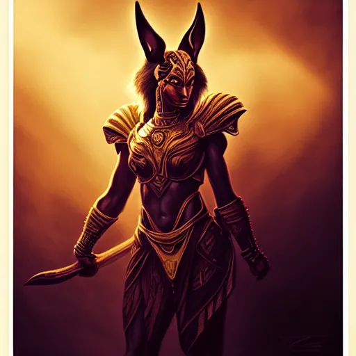 Image similar to Majestic Anubis female warrior portrait, atmospheric lighting, painted, intricate, volumetric lighting, beautiful, rich deep colors masterpiece, golden hour, sharp focus, ultra detailed, by Leesha Hannigan, Ross Tran, Thierry Doizon, Kai Carpenter, Ignacio Fernández Ríos