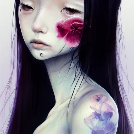 Prompt: Portrait 🍔💀 by Miho Hirano, Ross Tran and Ilya Kuvshinov, realistic, detailed, white, light pink tonalities, beautiful collage technique including flora, sea, wind, ornate sea background, beautiful Fantasy detailed trending on artstation, oil painting,Dramatic lighting, eterea , high quality print, fine art with subtle redshift rendering