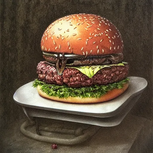 Prompt: a hyperrealistic painting of a burger filled with rotting plants and alien body parts, by john kenn mortensen and zdzislaw beksinski, highly detailed, vivid color,
