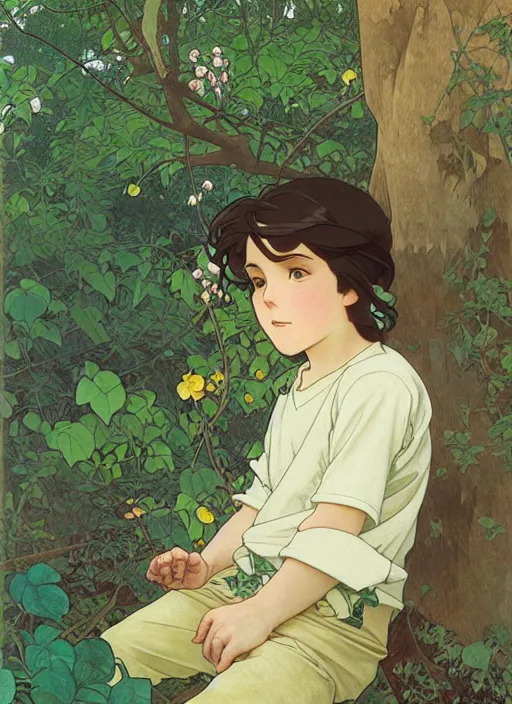 Image similar to young boy with long hair wearing shorts and a t - shirt, climbing a tree, path traced, highly detailed, high quality, digital painting, by studio ghibli and alphonse mucha, leesha hannigan, hidari, art nouveau, chiho aoshima, jules bastien - lepage