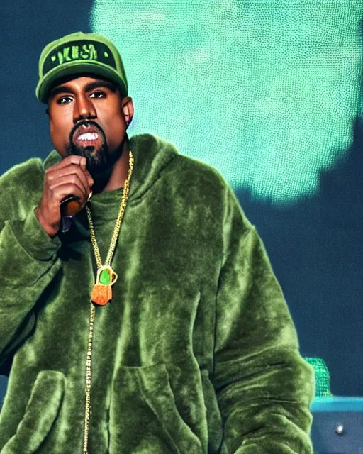 Image similar to kanye rapping on stage but he's covered in green slime