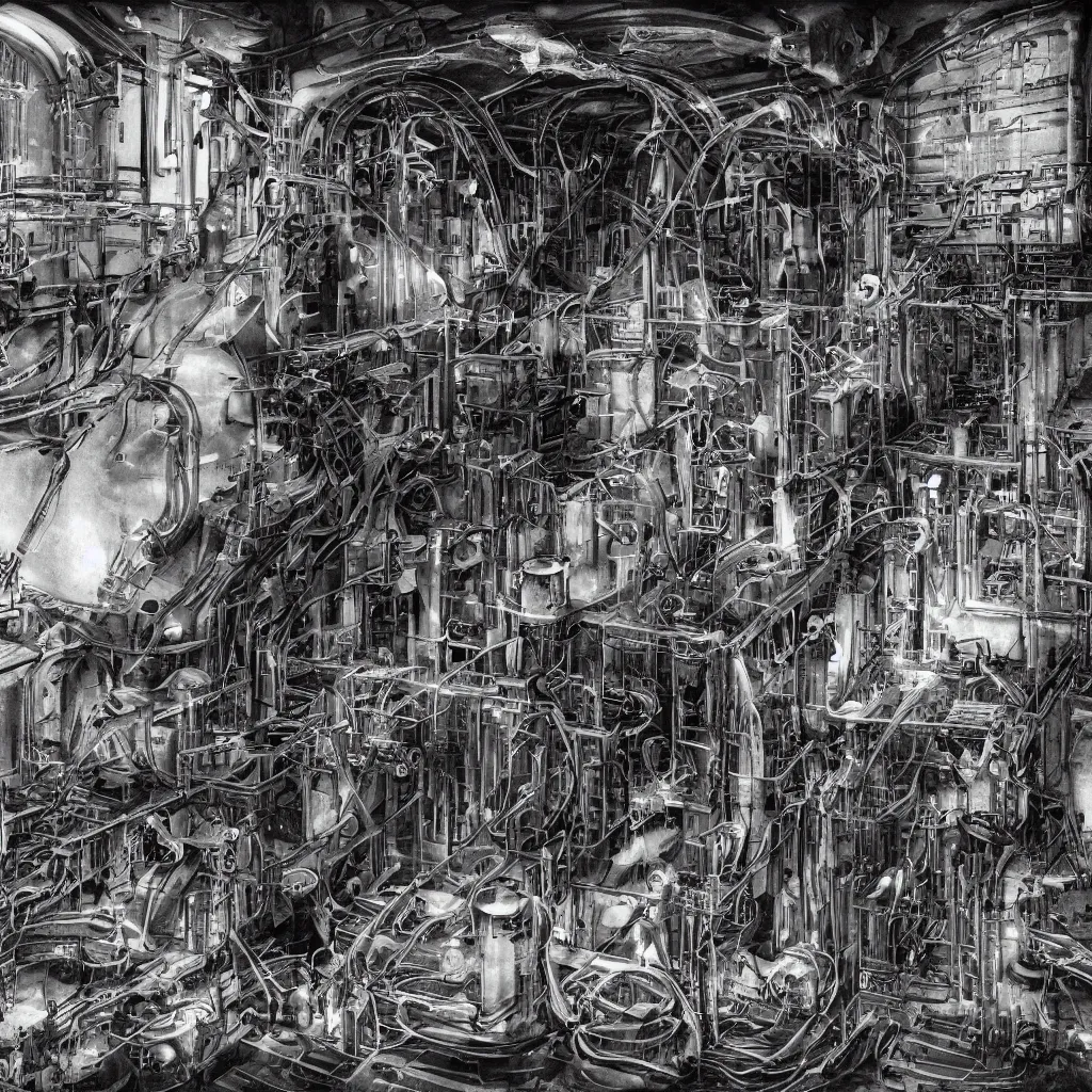 Prompt: abandoned laboratory from 1 9 3 0 s - early xx century - first - generation vacuum - tube computers - enia c - colossus - enigma machines - inside u - boat - metal pipes - obsolete technology - high resolution - 4 k - dark atmosphere - high contrast - retro futuristic - biomechanic mutation - hp lovecraft atmosphere - detailed artwork - art by hans giger