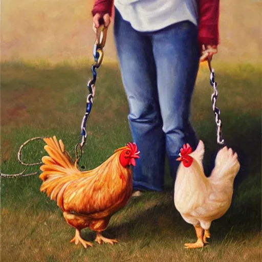 Image similar to chickens owning a human pet, human on leash, chicken is holding the leash, oil painting, hyper realistic,