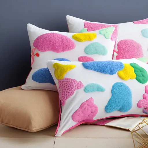 Image similar to Photograph of comfortable memory foam pillows designed by children, fun design, bright print, 8K HD, product shot