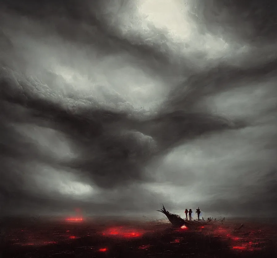 Image similar to the scariest storm surrounded by horror creatures in the scariest sky, epic scene, dark, scary, horror, frightening, fantasy, cinematic, jakub rozalski, high detail, dramatic lighting, night