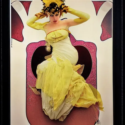 Image similar to elegant woman dressed up as pikachu art photo by Annie Liebovitz and Alphonse Mucha