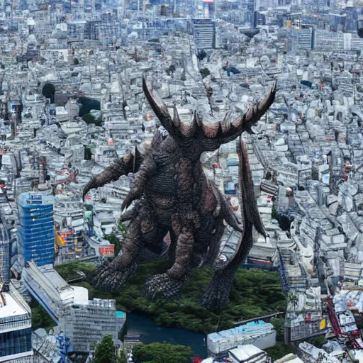 Image similar to aereal view of a giant kaiju in tokyo