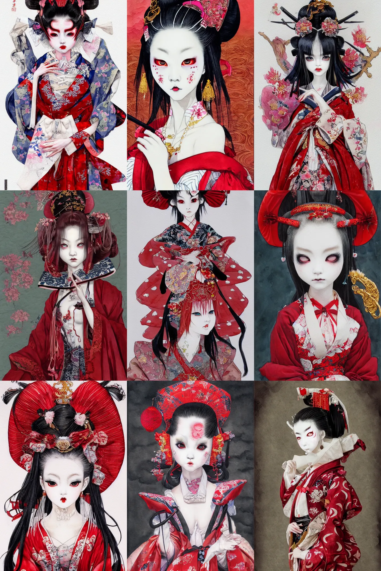 Image similar to watercolor painting of a japanese bjd geisha oni demon with a long neck in victorian lolita fashion red dress in the style of dark - fantasy painted by yoshitaka amano, wlop, ayami kojima, dmt art, symmetrical vogue face portrait, intricate detail, artstation, cgsociety, artgerm, rococo, gold