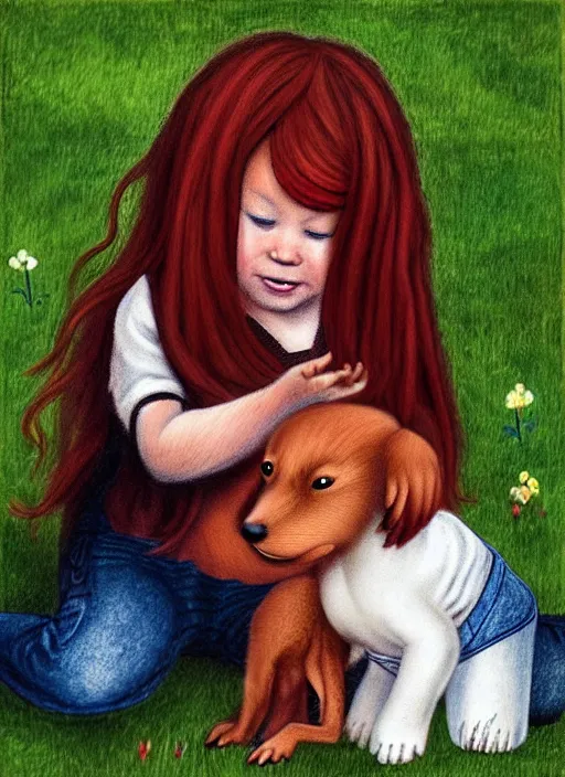 Prompt: “a red-haired child with dark skin playing with a puppy in the garden in the style of Mary Engelbreit”