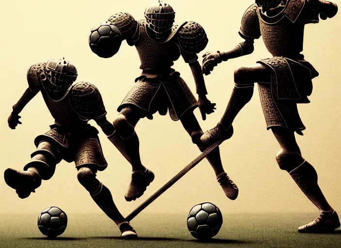 Image similar to knights in armor playing soccer ball - scull, rome, highly detailed, soft lighting, elegant, works by edward hopper, james gillard, zdislaw beksinski, stephen outram, andreas m wiese, highly detailed art by takato yamamoto, masterpiece. rendered in blender, ultra realistic, smooth shading, ultra detailed, high resolution, cinematic, unreal 6