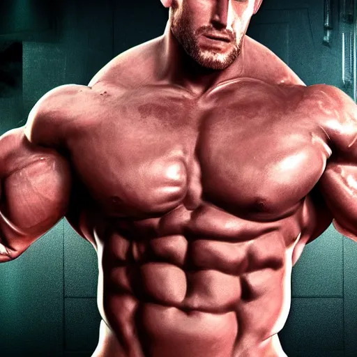 Image similar to a realistic detailed photo of a bodybuilder who is also a male android Chris Redfield, shiny skin, posing robotically, blank stare