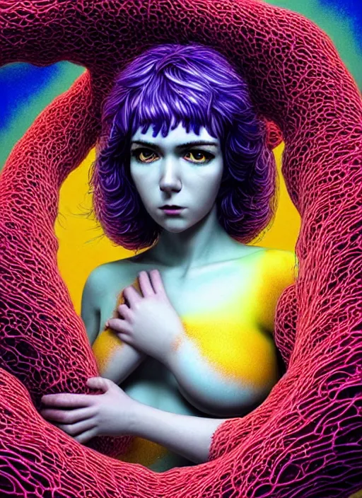 Prompt: hyper detailed 3d render like a painting - Ramona Flowers with wavy black hair wearing thick mascara seen out Eating of the Strangling breathless Suffocating network of colorful yellowcake and aerochrome and milky and Her staring intensely delicate Hands hold of gossamer polyp blossoms bring iridescent fungal flowers whose spores black the foolish stars by Jacek Yerka, Mariusz Lewandowski, her silly playful fun face, Houdini algorithmic generative render, Abstract brush strokes, Masterpiece, Edward Hopper and James Gilleard, Zdzislaw Beksinski, Mark Ryden, Wolfgang Lettl, Dan Hiller, hints of Yayoi Kasuma, octane render, 8k