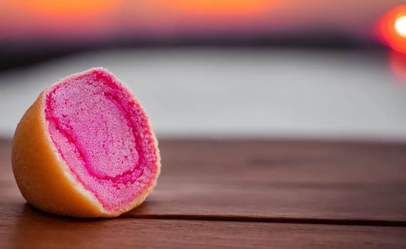 Prompt: A photo of a swedish cake from the side on a wooden table, covered with pink marzipan, some powder sugar and a marzipan leaf. Sunset. 4K. Cinematic lighting. High detail. Realistic. Delicious.