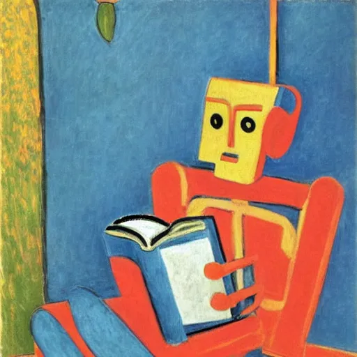 Prompt: a robot reading a book by henri matisse