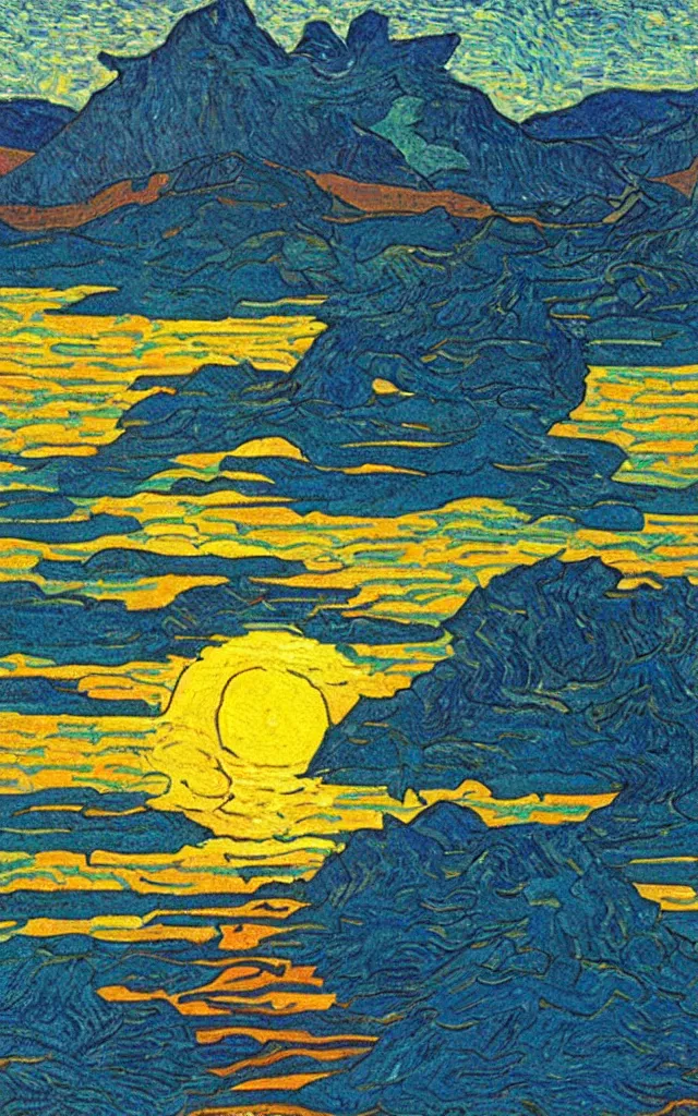 Prompt: sunset on a lake by a mountain. cubes and tesseracts. retro art by jean giraud and van gogh.