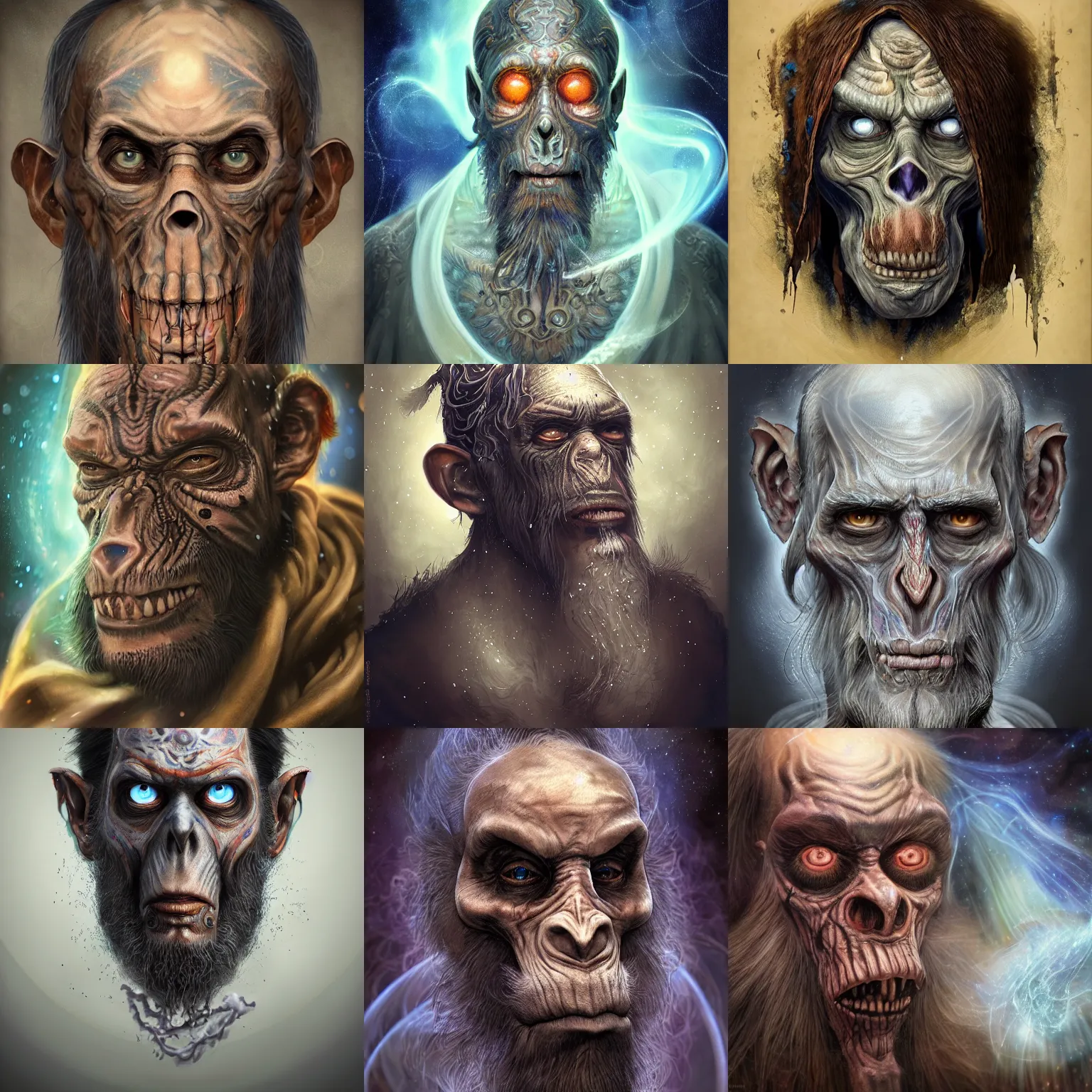 Image similar to a wlop 3 d render of very very very very highly detailed beautiful mystic portrait of a phantom undead mage ape with whirling galaxy around, tattoos by anton pieck, intricate, extremely detailed, digital painting, artstation, concept art, smooth, sharp focus, illustration, intimidating lighting, incredible art,