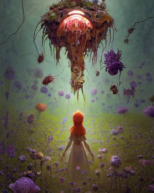 Prompt: the platonic ideal of flowers, rotting, insects and praying of cletus kasady carnage davinci dementor chtulu mandelbulb ponyo alice in wonderland dinotopia watership down botw, fantasy, ego death, decay, dmt, psilocybin, concept art by greg rutkowski and simon stalenhag and alphonse mucha