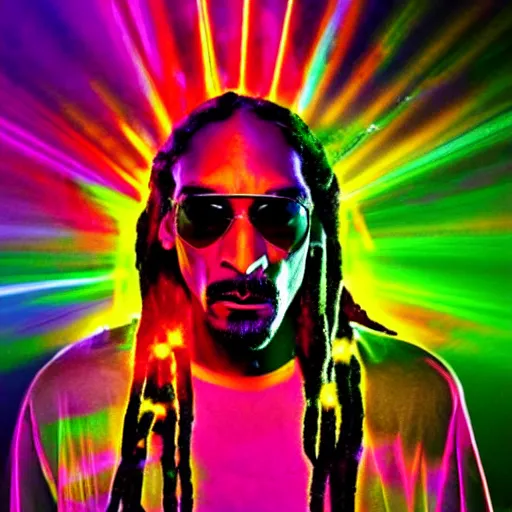 Prompt: psychedelic snoop dogg with luminous scars, lasers and neon and a halo of light