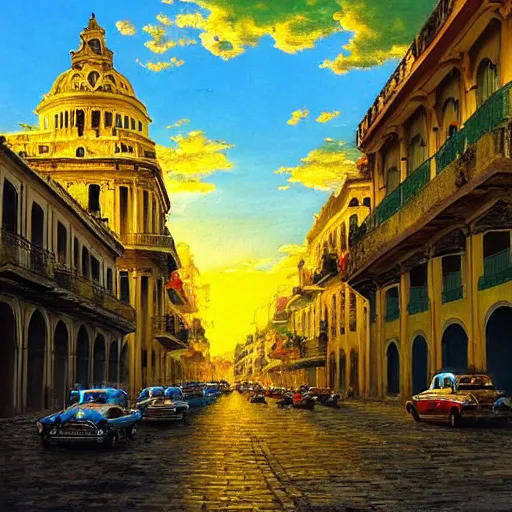 Prompt: Neo-Baroque painting of streets of Havana, Cuba, beautiful, diverse, golden hour