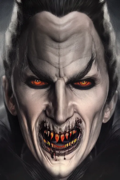 Image similar to Photorealistic Portrait of the Lord of Shadows, Dracula by Ayami Kojima and Ewelina Kowalczyk, Realism, CGI Render, Path Tracing, Subsurface Scattering, Global Illumination