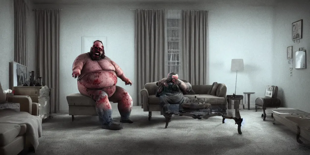 Image similar to a highly detailed photographic render of a fat scary man in a bloody living room, scary man watching tv, horror sci-fi, horror science fiction, biology, horror, cinematic, cinematic horror, cinematic lighting, cinematic scene, cinematic render, film, horror film, beautifully lit, ray traced, octane 3D render, octane render, unreal engine