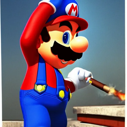 Prompt: realistic photograph of Mario in a hat with an M smoking in a french new wave Godard film aesthetic