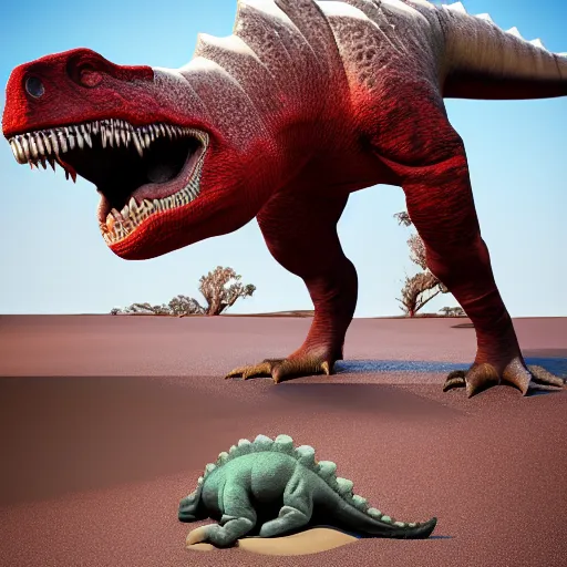 Prompt: photography, 3 d render, dinosaur, sand