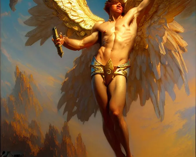 Image similar to attractive angel male deity, casting magic, summoning handsome lucifer morning star. highly detailed painting by gaston bussiere, craig mullins, j. c. leyendecker 8 k