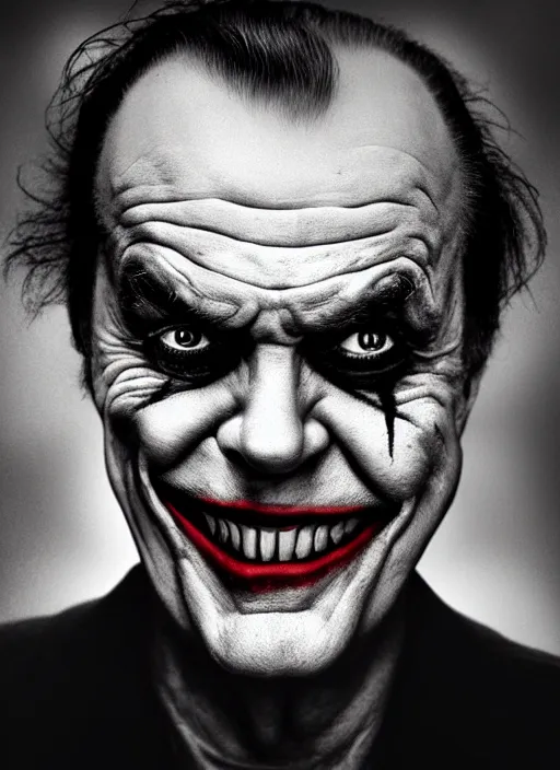 Image similar to photo of Jack Nicholson as the Joker with green hair by Lee Jeffries, head shot, detailed, award winning, Sony a7R
