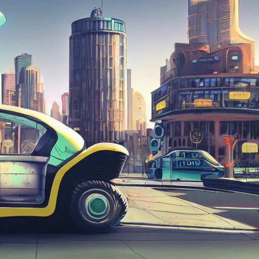 Prompt: A hyper real comic book style portait painting of a robot taxi in a future city, unreal 5, hyperrealistic, octane render, cosplay, RPG portrait, dynamic lighting