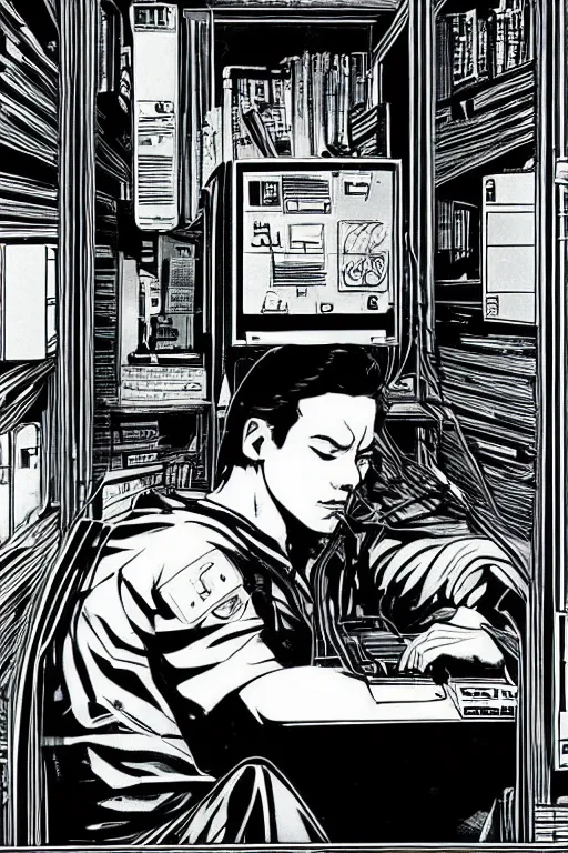 Prompt: 1 9 7 9 sci - fi portrait of neo sleeping at his desk. simple stylized cyberpunk photo from the matrix ( 1 9 9 9 ) by josan gonzalez.