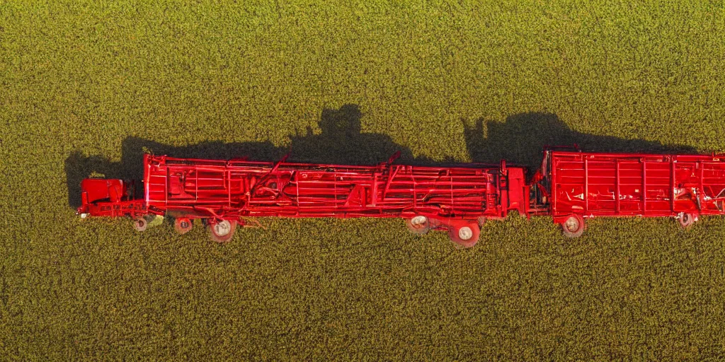 Prompt: A giant red harvester working in the corn field, aerial view, photo realistic image, 4K, super detailed, golden hour look