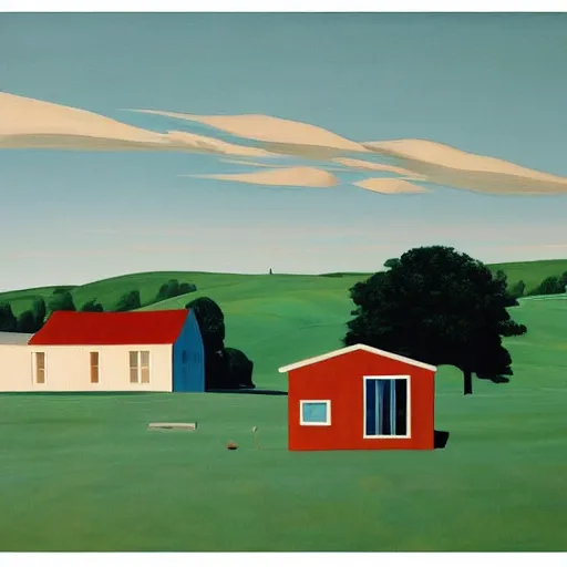 Image similar to dreaming futuristic rural landscape with modern houses, painted by Alex Katz and Edward Hopper, airbrush, highly detailed