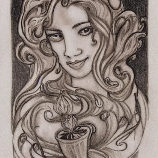 Image similar to mucha mocha latte barrista creamer art drawing of a royal princess on the top of the cappucinno froth