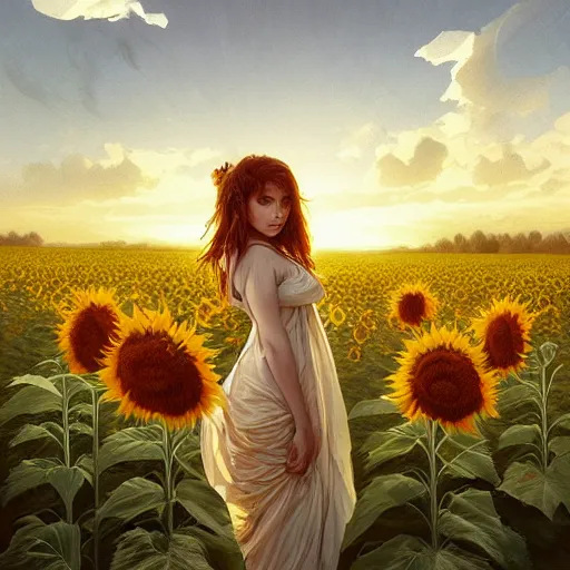 Image similar to Bedsheet Ghost in a field of sunflowers, sunset, highly detailed, digital painting, artstation, concept art, smooth, sharp focus, illustration, art by artgerm and greg rutkowski and alphonse mucha