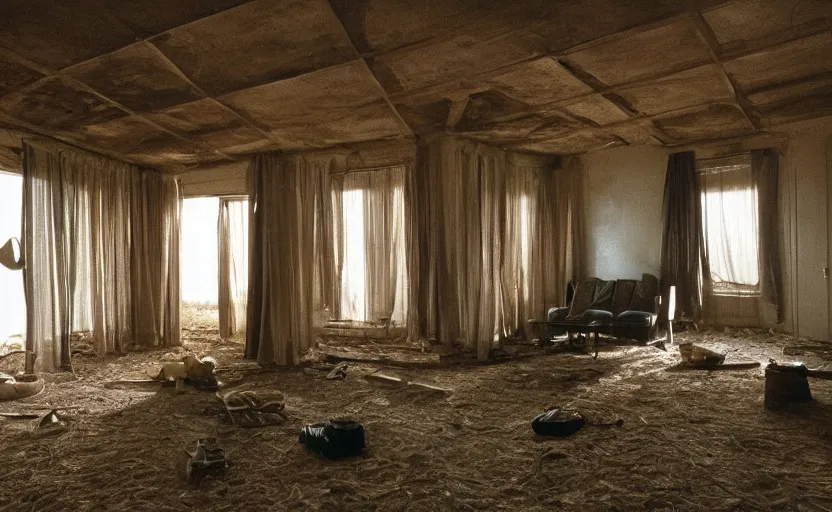 Image similar to photo of the interior of a house built on nothing and something for the nothing underneath, scene from being john malcovich film directed by charlie kaufman ( 2 0 0 1 ), moody cinematography and lighting, 2 4 mm anamorphic lens