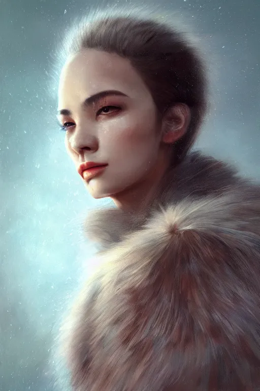 Image similar to A fancy portrait of an attractive women covers in fur by Greg Rutkowski, beeple, Sung Choi, Mitchell Mohrhauser, Maciej Kuciara, Johnson Ting, Maxim Verehin, Peter Konig, final fantasy, macro lens , 8k photorealistic, cinematic lighting, HD, high details, dramatic, dark atmosphere, trending on artstation