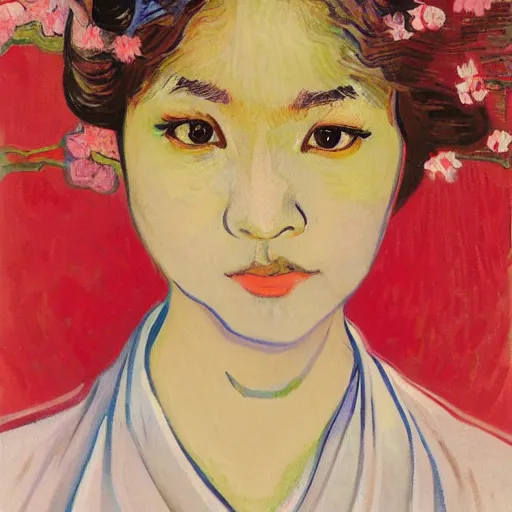 Image similar to close-up portrait of Lalisa Manobal, original art by Vincent van Gogh, flowy, rgb, rule of thirds, captivating, cinematic, kyoto japan setting