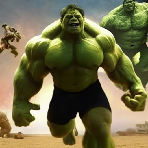 Image similar to a promotional screenshot of Danny Devito playing The Hulk in Avengers: Infinity War