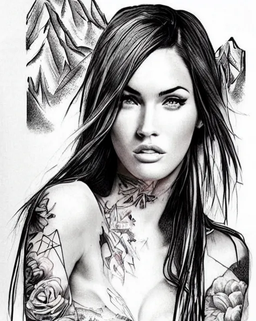 Image similar to creative double exposure effect tattoo design sketch of megan fox with beautiful mountains, realism tattoo, in the style of matteo pasqualin, amazing detail, sharp