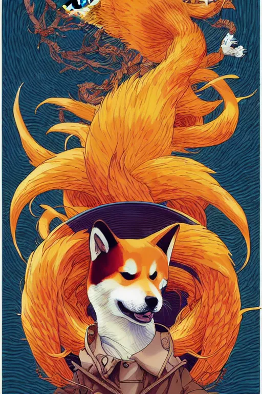 Image similar to poster of a shiba inu as a nine - tailed fox, studio ghibli aesthetic, by yoichi hatakenaka, masamune shirow, josan gonzales and dan mumford, ayami kojima, takato yamamoto, barclay shaw, karol bak, yukito kishiro