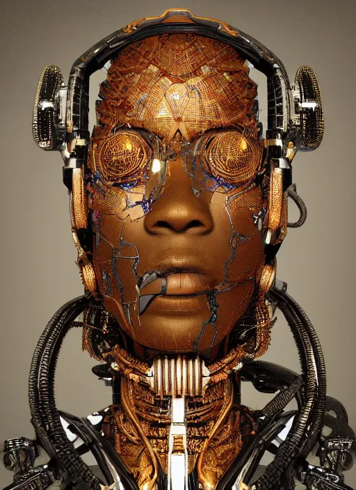 Prompt: portrait of a futuristic african voodoo master cyborg, in the style of ghost in the shell, kintsugi, modern fine art, fractal, intricate, elegant, highly detailed, digital photography, subsurface scattering, by jheronimus bosch and greg rutkowski,