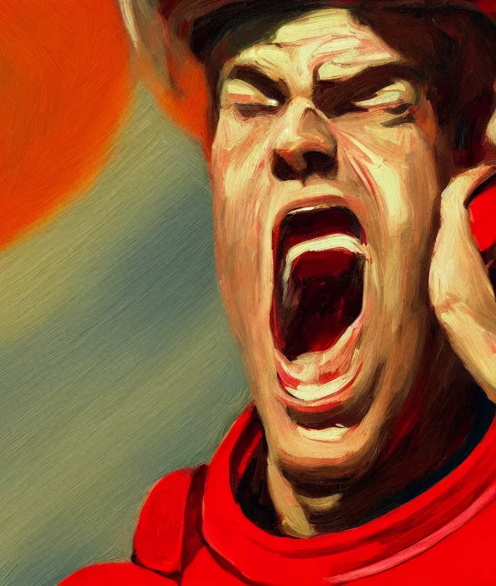 Image similar to a close up portrait painting of a man in a red astronaut suit, screaming and sad, highly detailed, face close up, aesthetic stars in the background, in the style of edward hopper, fine brush strokes, 4 k,