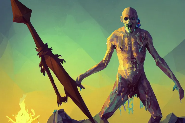 Image similar to low poly painting by greg rutkowski of a drowned zombie holding a trident with glowing cyan eyes, wearing ragged clothing, holding a trident, underwater, pastel green and blue color palette