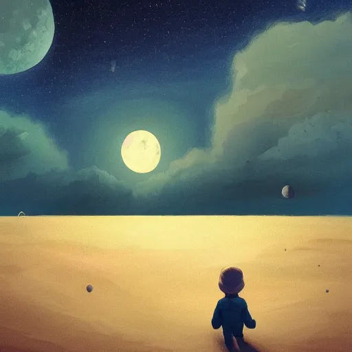 Image similar to a little boy with a blue scarf sits on the moon and looks into the warm abyss of space, he dreams of a terminal future, surreal photography, moon light, dark night, dramatic, impressionist painting, clouds, digital painting, artstation, simon stalenhag