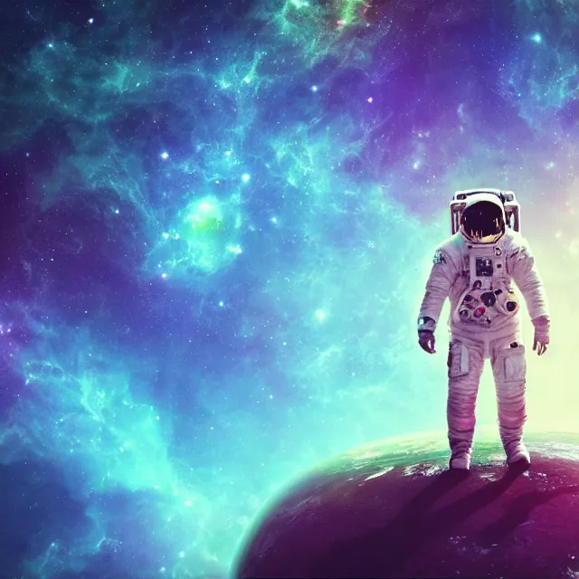 Prompt: - an astronaut standing on the edge of the universe trying to make sense of the world with psychedelic backgrounds, 4 k, trending on artstation, renaissance