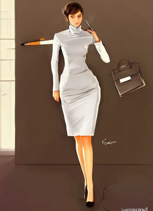 Prompt: concept art of a modern office life, young attractive business woman in pencil miniskirt and sleeveless turtleneck, pinterest, artstation trending, behance, highly detailed, by rembrandt, by konstantin razumov