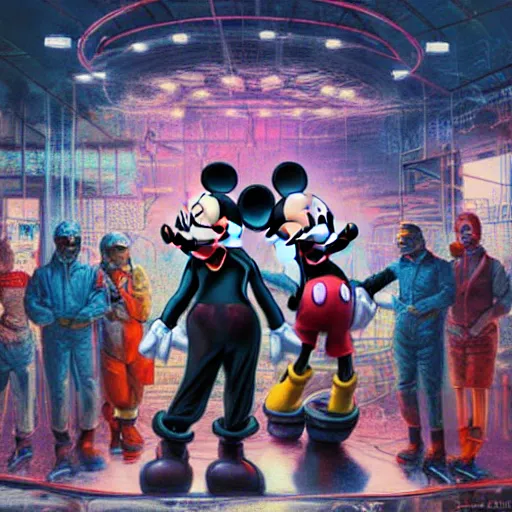 Image similar to a group of people standing around a mickey mouse, cyberpunk art by david lachapelle, cgsociety, sots art, dystopian art, reimagined by industrial light and magic, concept art