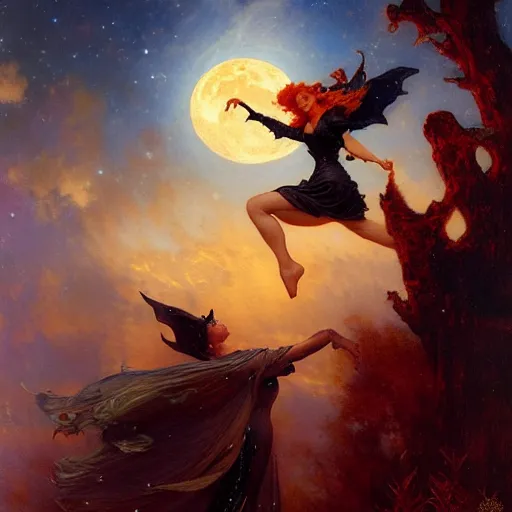 Image similar to attractive witch magically flying trough the night, fantasy, full moon in background. highly detailed painting by gaston bussiere, craig mullins, j. c. leyendecker 8 k